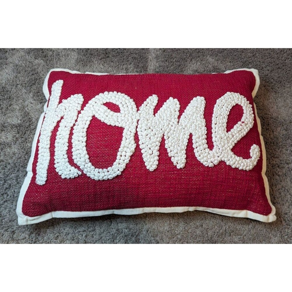 Home Spellout Punch Needle Red/Ivory Lumbar Throw Pillow EUC